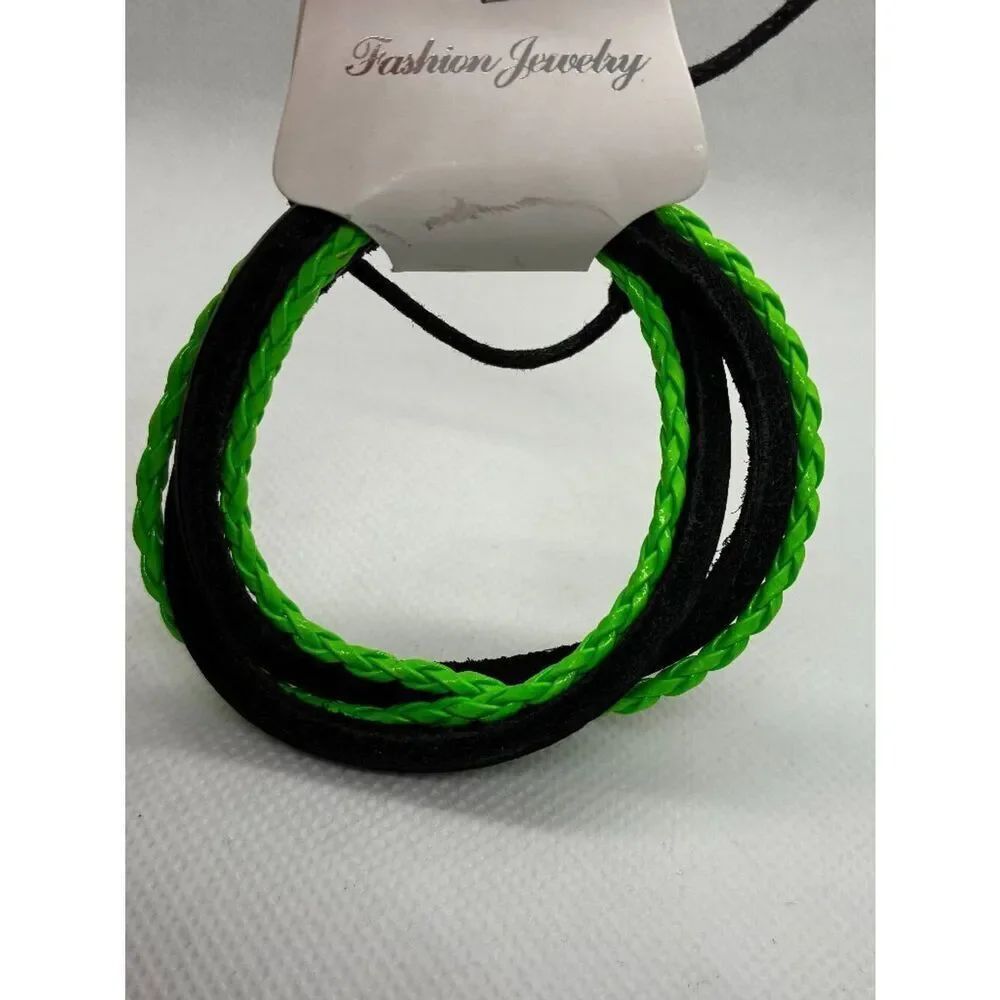 3For$20 Black & Neon Green Braided 4 Stran Adjustable Trendy Bracelet